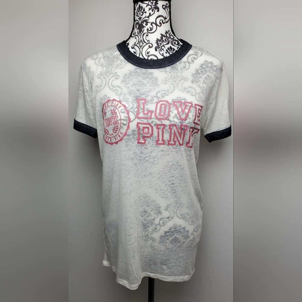 Victoria's Secret Pink Short Sleeve Ringer Tee Shirt Top Cream/Gray/Pink XS